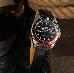 Men Automatic Mechanical Watches Winner Luxury Brand Full Steel Waterproof Mens Watches with Calendar (Leather/Black)