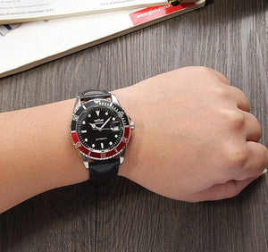 Men Automatic Mechanical Watches Winner Luxury Brand Full Steel Waterproof Mens Watches with Calendar (Leather/Black)