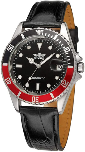 Men Automatic Mechanical Watches Winner Luxury Brand Full Steel Waterproof Mens Watches with Calendar (Leather/Black)