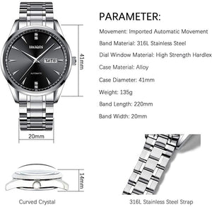 Men's Automatic Mechanical Watch Classic Automatic Winding Watch Silver Stainless Steel Luxury Dress Watch, Week, Date Visible Window