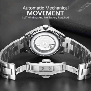 Men's Automatic Mechanical Watch Classic Automatic Winding Watch Silver Stainless Steel Luxury Dress Watch, Week, Date Visible Window
