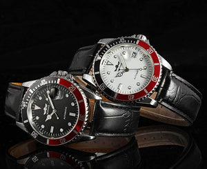 Men Automatic Mechanical Watches Winner Luxury Brand Full Steel Waterproof Mens Watches with Calendar (Leather/Black)