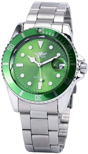 Luxury Men's Automatic Mechanical Watches Rotatable Bezel Full Steel Calendar Luminous Waterproof Watch (Silver Green)