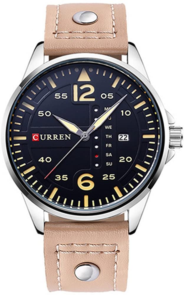 RUIWATCHWORLD Men Casual Quartz Leather Band Watch Sports Military Wrist Watch Date Male Clock (Brown) (Yellow)