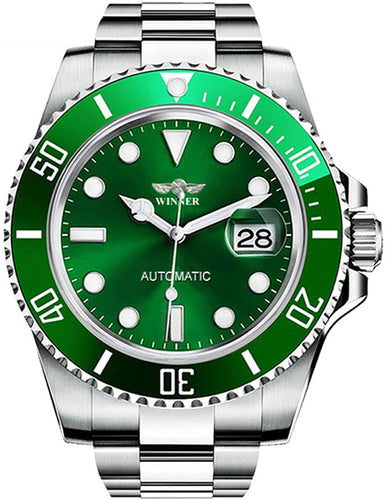 Luxury Men's Automatic Mechanical Watches Rotatable Bezel Full Steel Calendar Luminous Waterproof Watch (Silver Green)