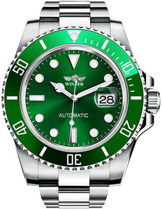 Luxury Men's Automatic Mechanical Watches Rotatable Bezel Full Steel Calendar Luminous Waterproof Watch (Silver Green)