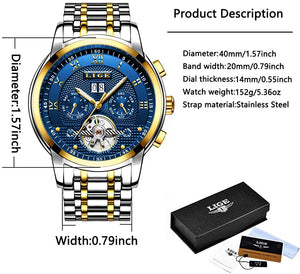 LIGE Watches Mens Luxury Automatic Mechanical Watch Men Waterproof Full Steel Business Dress Wrist Watch