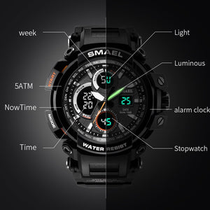 SMAEL Sport Watch for Men New Dual Time Display Male Clock Waterproof Shock Resistant Wristwatch Digital 1708 Military Watch Men