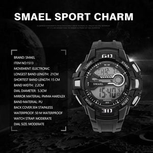 Sport Watches 5Bar Water Resist SMAEL Brand LED Watches Automatic Alarm Watch Men Big Dial 1513 Digital Wrist Watches Waterproof