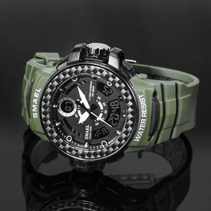 Men Watches 2019 Luxury Brand Smael Digital Wristwatches Men Clock Army Green Waterproof Dual Time 8014 Sport Watches Military